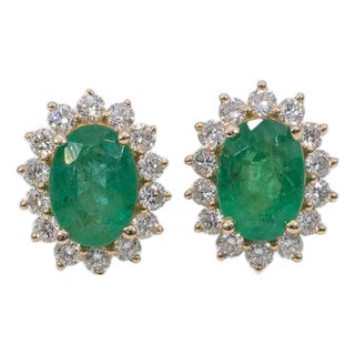 1.8Ct Zambian Emerald Earrings With Diamond Accents in Solid 14k Gold, 7x5mm, Pair For Sale