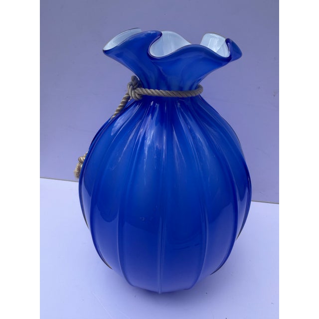 Large Vintage Hand-Blown 8" Blue Glass Opaline Money Bag Vase For Sale In Houston - Image 6 of 12