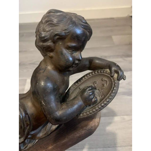 18thc French Antique Renaissance Bronze Sculpture "Reclining Cherub Artist" For Sale - Image 10 of 12
