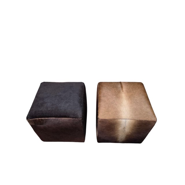Mid 20th Century Cube Ottomans Newly Reupholstered in Genuine Hair-on-Hide Steer Hide - Pair For Sale - Image 11 of 12