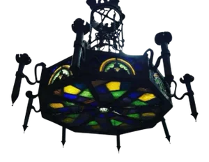 Monumental Gothic Iron and Ornate Stained Glass Panel Chandelier