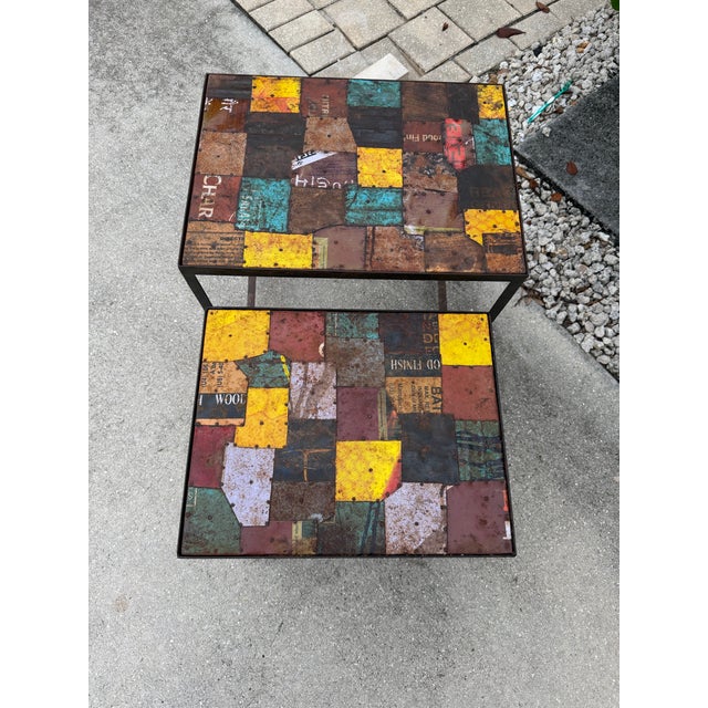 Black Vintage Industrial Reclaimed Metal Signage Nesting Tables - Pair For Sale - Image 8 of 11