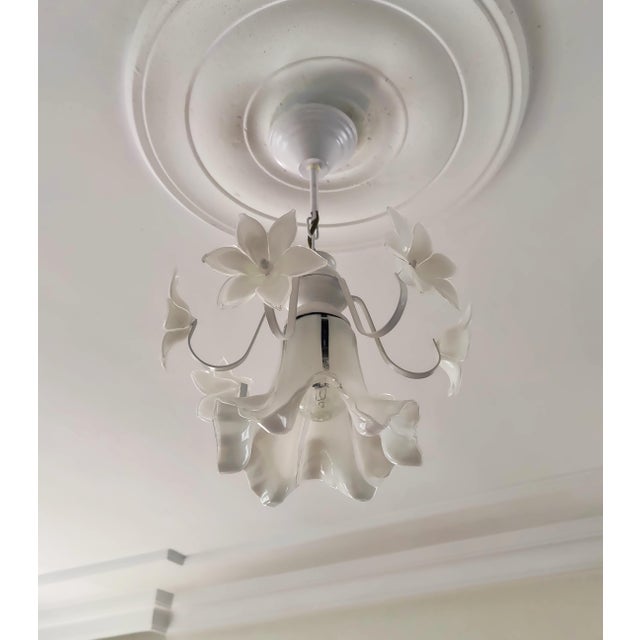 Glass Vintage Murano Glass Chandelier, 1980s White Floral Lamp, Small Italian Ceiling Light For Sale - Image 7 of 14