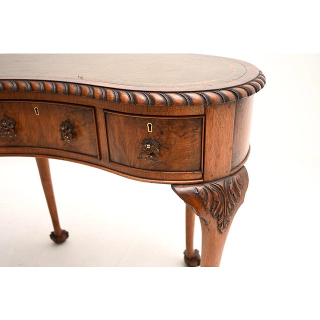 Antique Burr Walnut Leather Top Kidney Shaped Desk, 1900 For Sale - Image 10 of 11