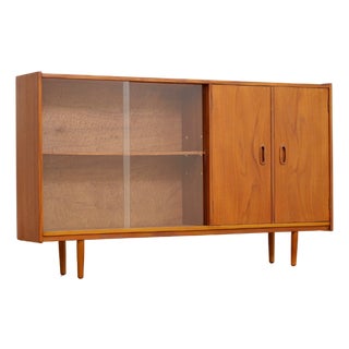 1960s Slim Mid Century Danish Teak Sideboard Display Cabinet For Sale