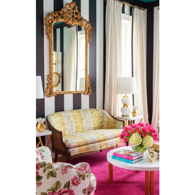 Vintage Dorothy Draper Style Upholstered Faux Trompe Loeil Draped Gold Brown Settee For Sale - Image 13 of 14