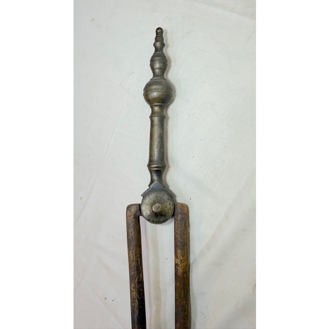 Metal Antique 18th Century Wrought Iron Turned Brass English Fireplace Tongs Tool 23 For Sale - Image 7 of 11