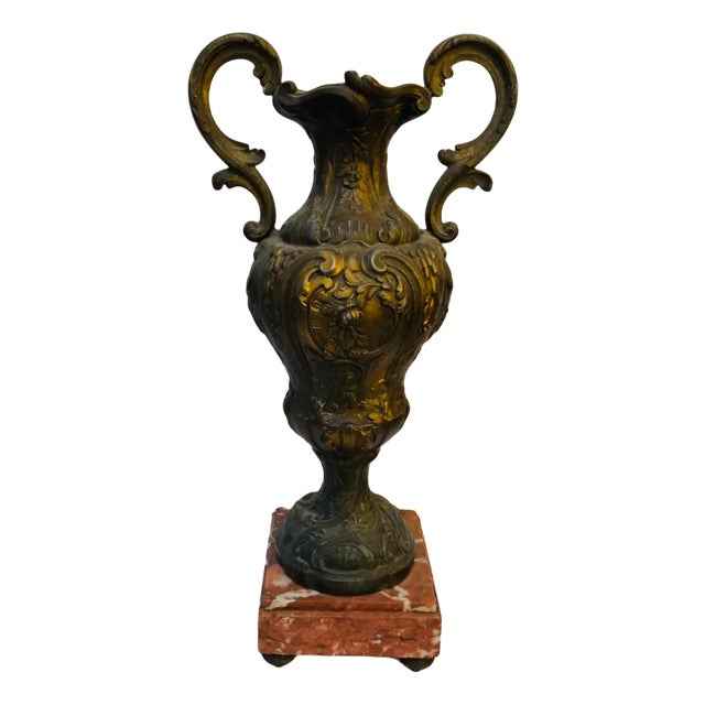 Antique French Cast Bronze and Marble Base Amphora, 1920s For Sale