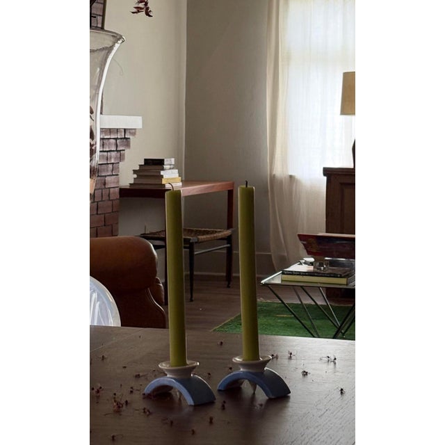 Pair of Vintage Czech Blue & Cream Ceramic Candlesticks For Sale - Image 11 of 11