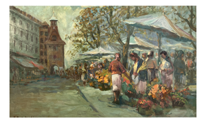 Kazimier Rubolowski, Place du Molard et son Marché aux Fleurs, Oil on Panel, Framed