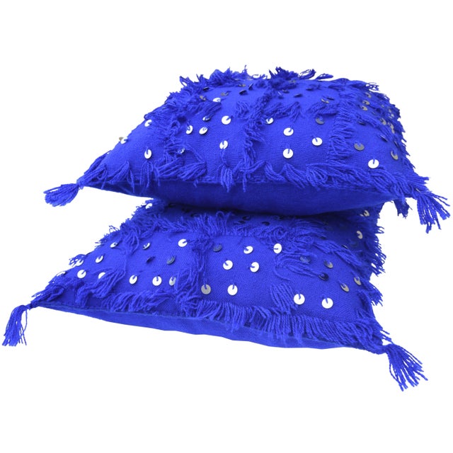 Vintage Moroccan Blue Fringed & Sequined Windowpane Pillows - Set of 2 For Sale - Image 4 of 11