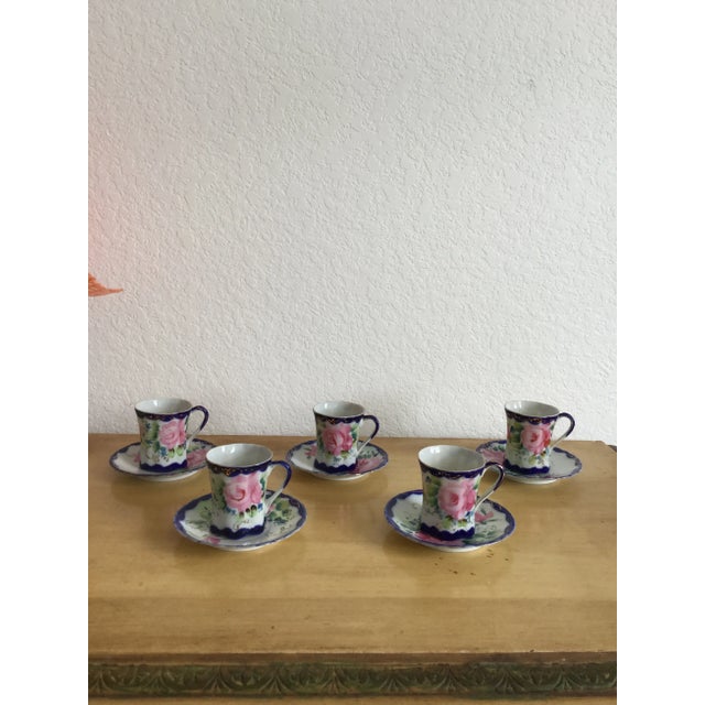 Chocolate Antique Hand Painted Porcelain Nippon Chocolates Cups & Saucers - Set of 5 For Sale - Image 8 of 11