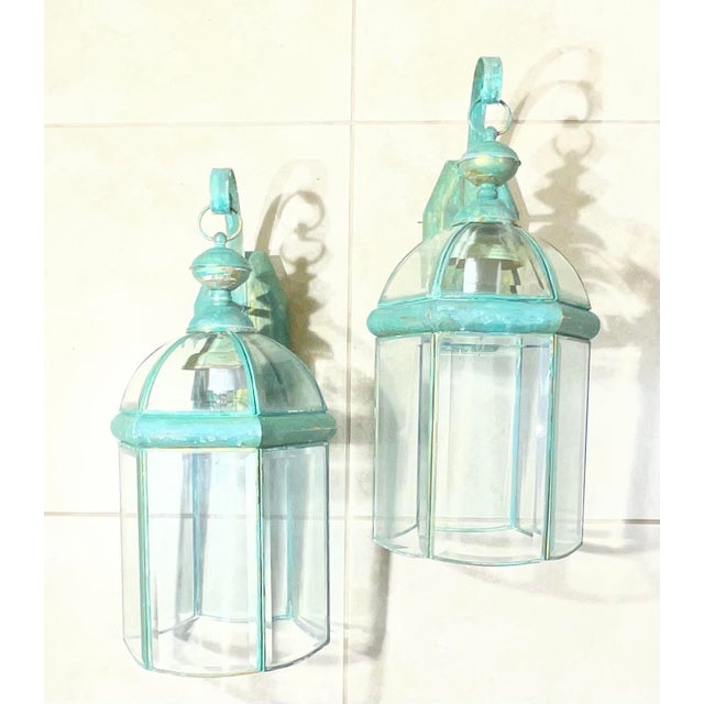 Metal Elegant Pair of Vintage Brass Wall Lanterns - 22”x 9”.5 X 10” For Sale - Image 7 of 16