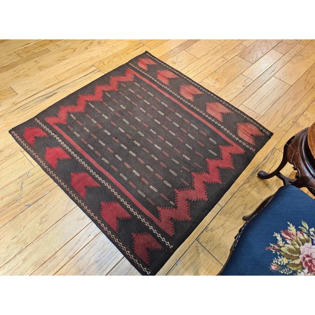 Textile Vintage Baluch Sofreh Tribal Kilim, Handwoven Wool, Geometric Pattern, Brown & Red, 4’ X 4’ For Sale - Image 7 of 10