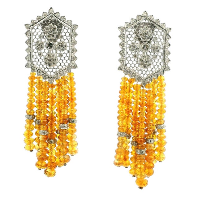 Canary Yellow Italian 18k White Gold Yellow Sapphire & Diamond Tassel Earrings, 1980s For Sale - Image 8 of 9