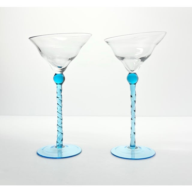 Vintage 2 Aqua Azure Blue Twisted Stem Slanted Wavy Bowl Martini Glasses 8” 6oz Good condition. No chips, cracks, or...