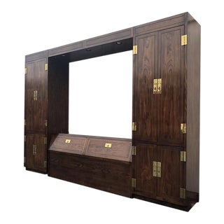 1970's Vintage Campaign Henredon King Bed Headboard, Lightbridge and Armoire Wall Unit For Sale