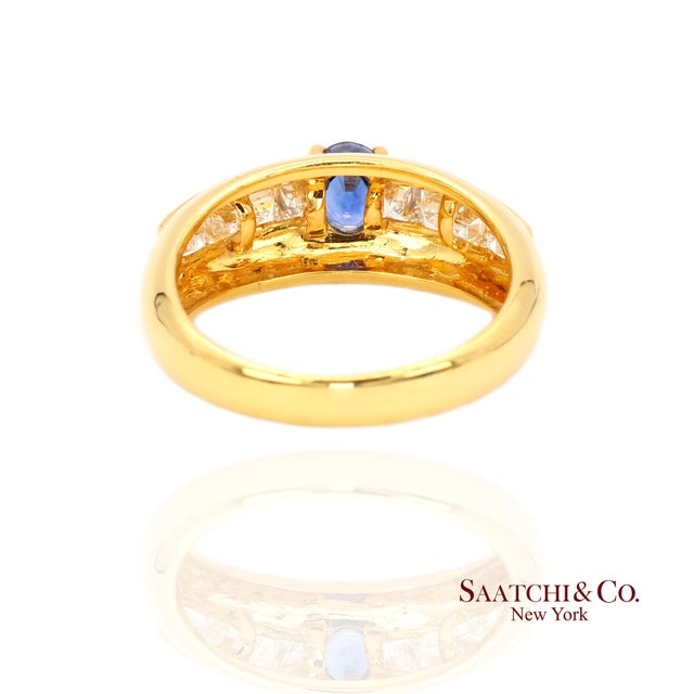 Metal Mid 20th Century 18k (750) Yellow Gold Natural Blue Sapphire and Natural Diamond Ring, Size 6.5 For Sale - Image 7 of 10
