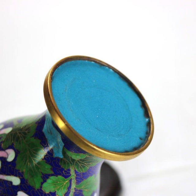 Metal Antique Chinese Cloisonne Enameled Floral Vase With Peony & Wood Base C1930 For Sale - Image 7 of 8