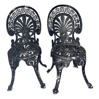 Pair Vintage Cast Aluminum Patio Garden Chairs Greek Key Shell Back Black Metal For Sale