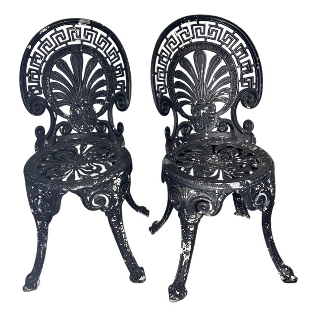 Pair Vintage Cast Aluminum Patio Garden Chairs Greek Key Shell Back Black Metal For Sale
