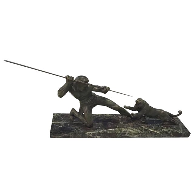 Signed French Art Deco Hunter and Tiger Sculpture For Sale