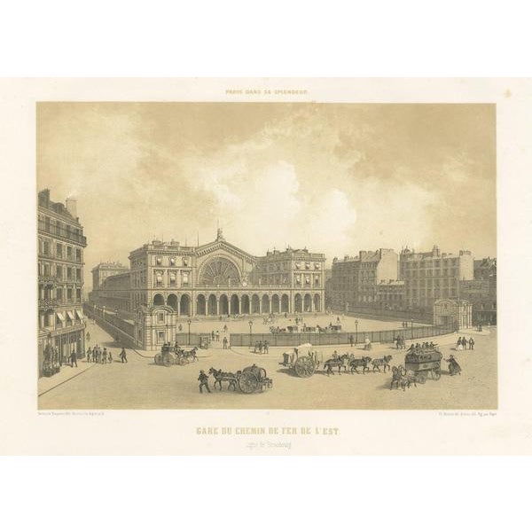 Antique print titled 'Gare du Chemin de Fer de l'Est'. Lithograph with a view of the East Station in Paris, France. This...