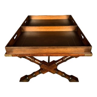 Vintage Campaign Style Mahogany Coffee Table With Removable Leather-Lined Trays & Brass Accents, Circa 1980 For Sale