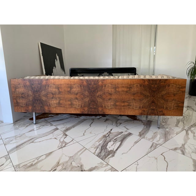 100% Authentic rare Milo Baughman burl wood couch in original upholstery vintage condition. Originally sold at Rick...