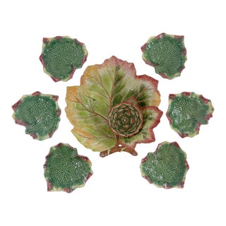 20th Century Green Leaf Portuguese Majolica Plates & Large Leaf - Set of 7 For Sale