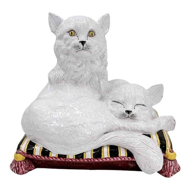 Mid 20th Century Mid-Century Italian Ceramic Cats on Cushion by Ceccarelli Sculpture For Sale