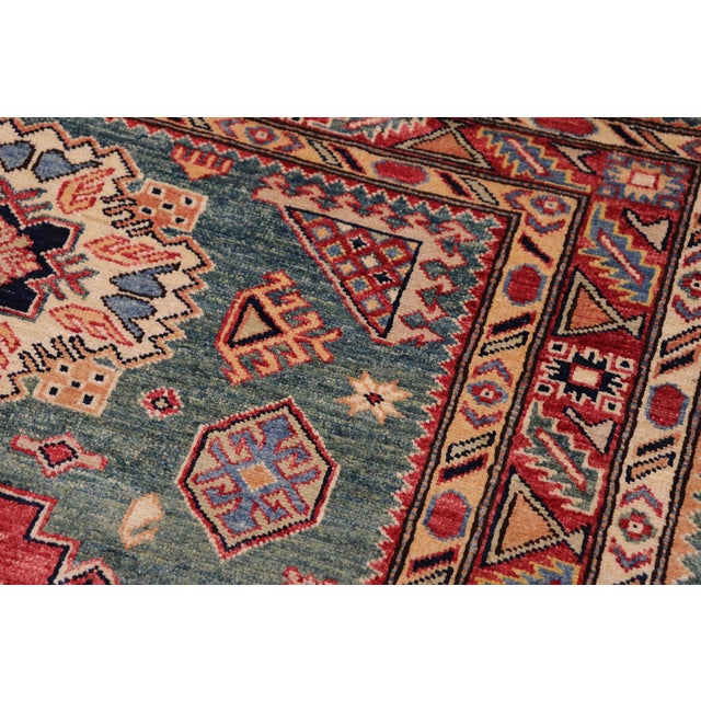 Southwestern Super Kazak Green/Red Wool Rug - 4'2'' X 5'11'' For Sale In New York - Image 6 of 10