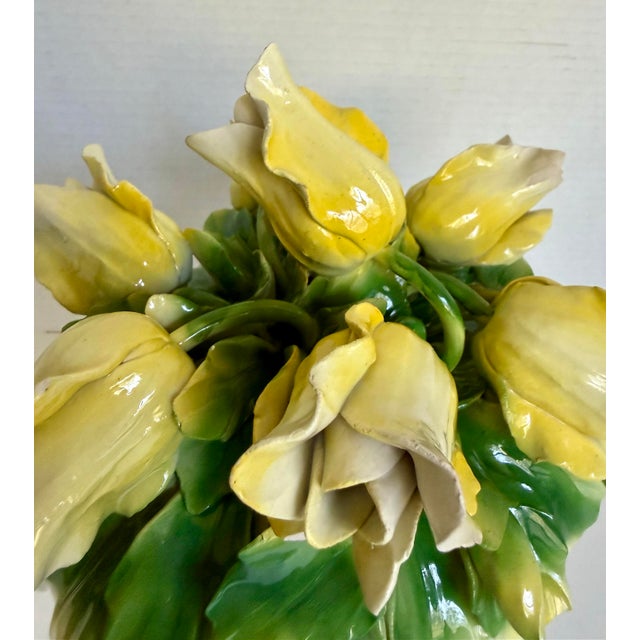 Hollywood Regency Vintage Italian Hand-Painted Yellow Tulip Majolica Bouquet Centerpiece For Sale - Image 3 of 12