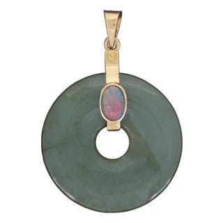 VIntage Jade and Opal Pendant Pi Disc 14k Gold For Sale