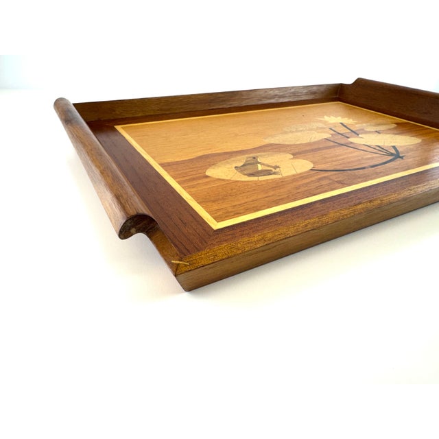 Vintage Philippine Marquetry Wood Frog & Lily Pad Serving Tray For Sale In Little Rock - Image 6 of 13