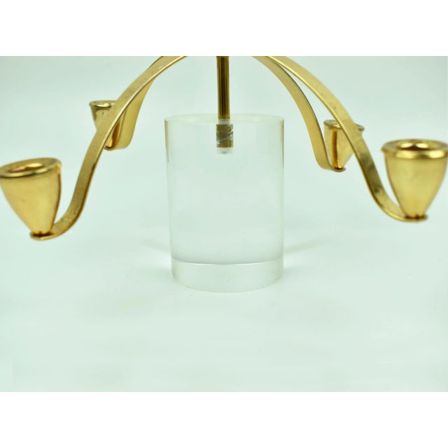 Mid Century Modern Lucite Cylinder Base With 5 Brass Candle Stick Holders Candelabra - Set of 2 For Sale - Image 9 of 9