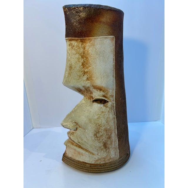Brutalist Large Modernist Sculptural Face Vase, Signed Studio Pottery, Brutalist Cubist Ceramic Bust, 15” For Sale - Image 3 of 7