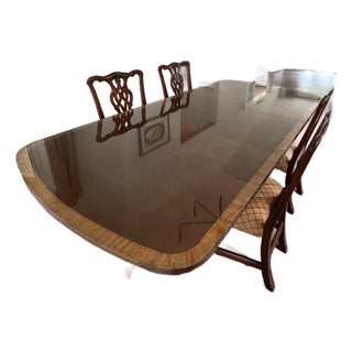 1980s Ethan Allen Banded Mahogany Clawfoot Dining Table + 4 Chairs For Sale