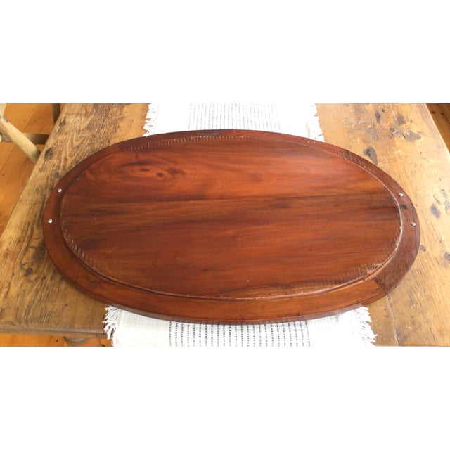 Wood Antique Oval Hand Carved Wood Mahogany Tray With Brass Handles For Sale - Image 7 of 8