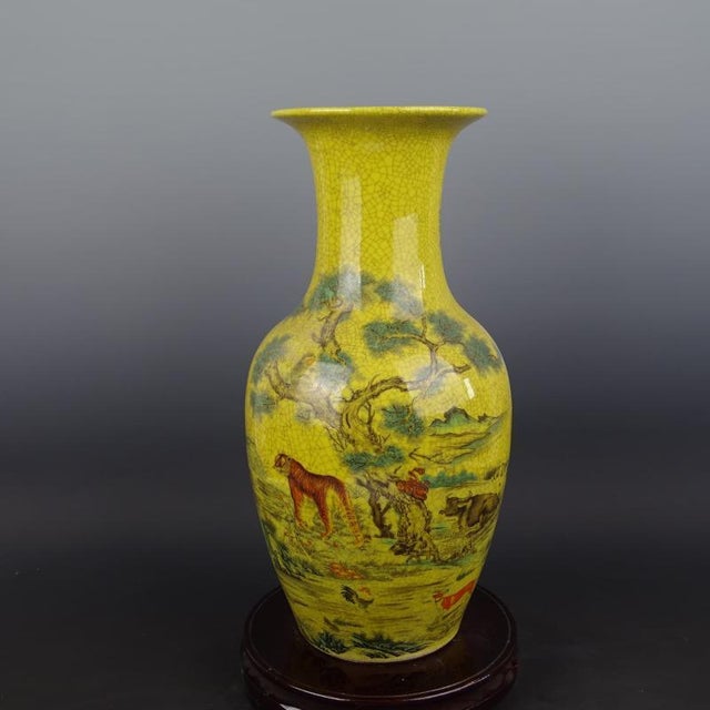 Chinese Ceramic Qing Dynasty Qianlong Marked Yellow Ground Crackle Glaze Porcelain Vase Hand Painted Twelve Chinese Zodiac Signs Pattern For Sale In Seattle - Image 6 of 6