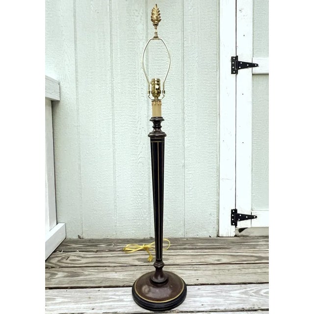 Vintage Bradburn Galleries Stenciled Leather & Painted Wood 3 Way Brass Socket Tapered Table Lamp For Sale - Image 10 of 12