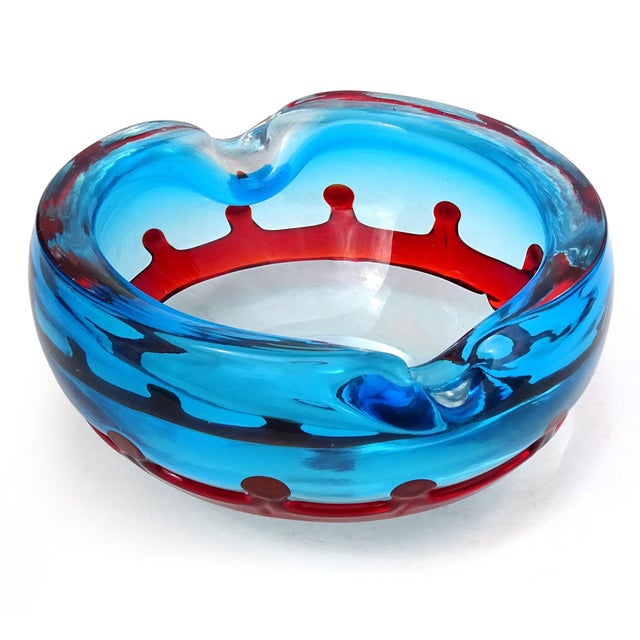 Murano Fratelli Toso Murano Blue With Red Crown Decor Flower Millefiori Center Italian Vintage Art Glass Bowl Ashtray For Sale - Image 4 of 10