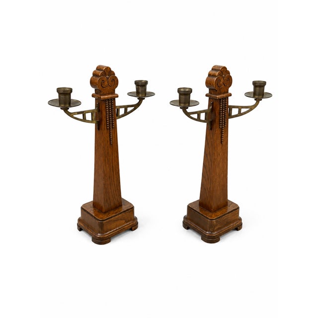 1920s Art Deco Amsterdam School Oak and Brass Candlesticks, 1920s, Set of 2 For Sale - Image 5 of 10