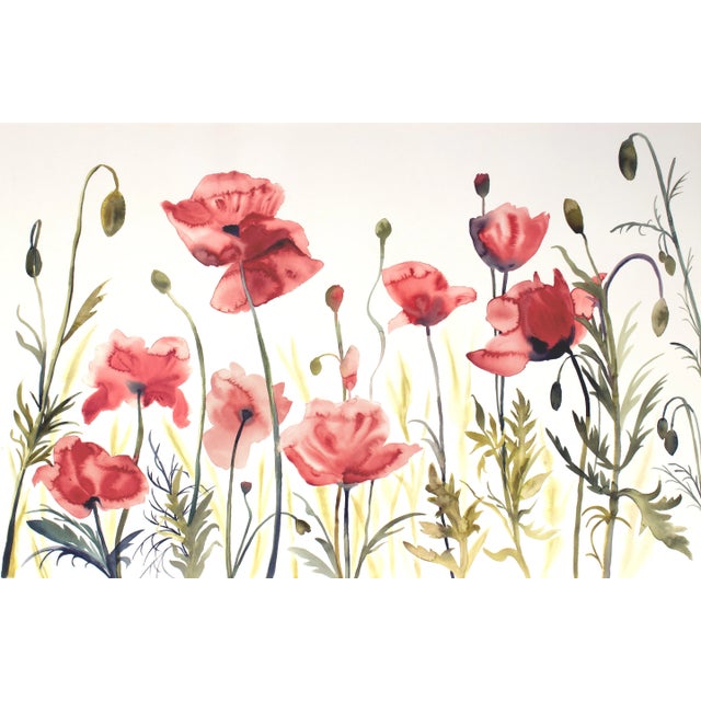 "Poppies No. 4" Contemporary Original Botanical Wildflowers Watercolor Painting by Elizabeth Becker For Sale
