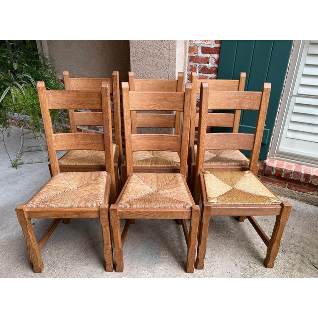 Farmhouse Set 6 Vintage French Ladder Back Dining Chairs Rush Seat Oak Country Farmhouse For Sale - Image 3 of 18