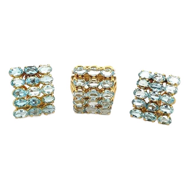 Aquamarine 18k Gold Earrings Ring Set Yellow 5 Row Oval Set Design, 3 Pieces For Sale