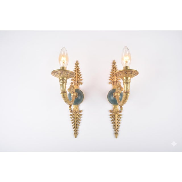 Gilded Brass Scroll-Arm Wall Sconces with Teal Details, 1950s, Set of 2 For Sale - Image 11 of 12