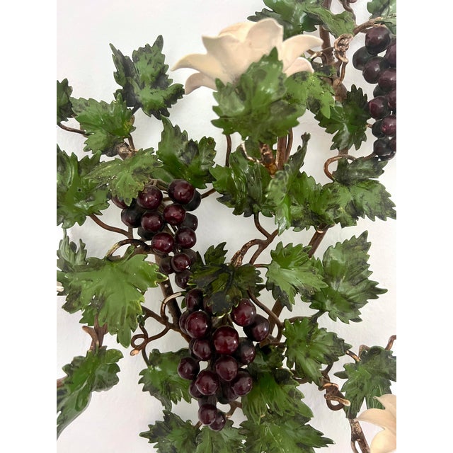 Old Italian Grape & Vine Hand Painted Tole Metal Wall Scones, 3 Candle Holders, a Pair 22" For Sale In Tampa - Image 6 of 12