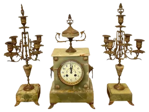 Victorian Green Onyx Ornate Clock Garniture, Set of 3