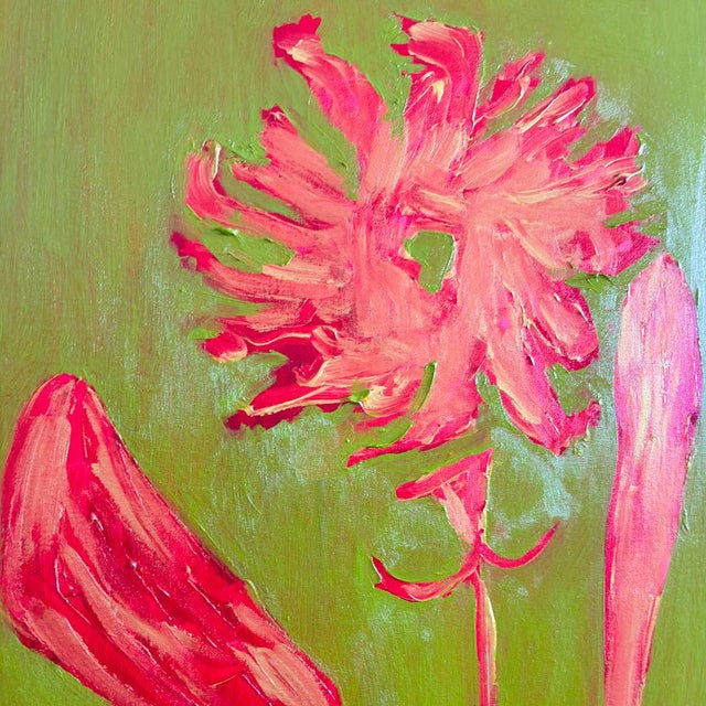 Modern Pink Flower Painting, Original 11x14 Oil and Acrylic, Gold Hot Pink Floral on Olive Green, Modern Botanical Art, Framed Tatiana Duperault For Sale - Image 3 of 4